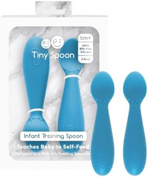 ezpz Tiny Spoon (2 Pack in Blue) - 6 Months+ - Baby Led Weaning Essentials
