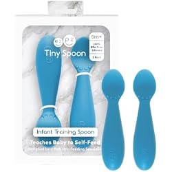 ezpz Tiny Spoon (2 Pack in Blue) - 6 Months+ - Baby Led Weaning Essentials | 100% Silicone Spoon for Baby Led Weaning + Purees - Designed by a Pediatric Feeding Specialist
