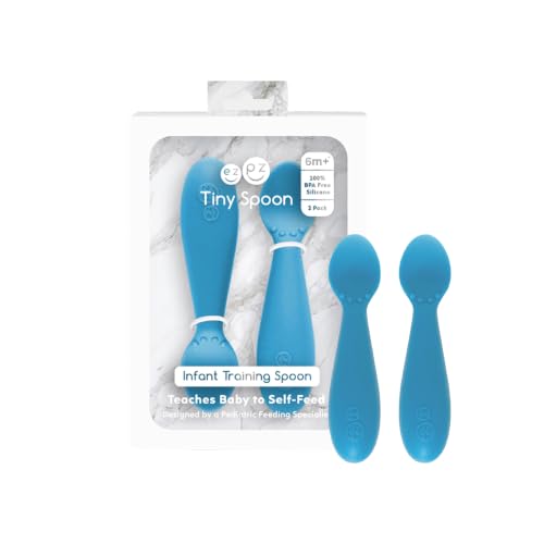 ezpz Tiny Spoon (2 Pack in Blue) - 6 Months+ - Baby Led Weaning Essentials