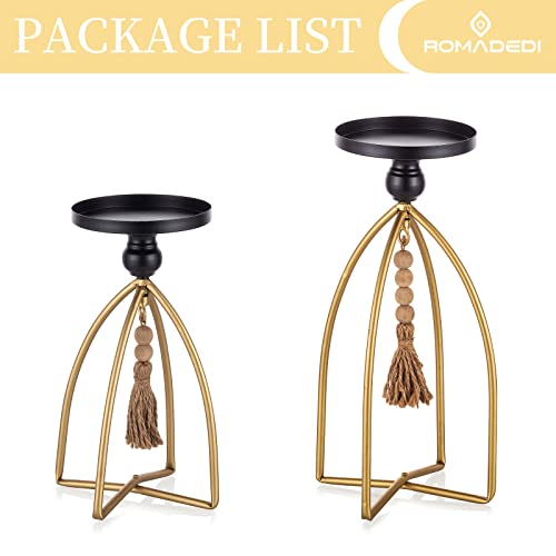 Romadedi Pillar Candle Holder Boho Decor - Set Of 2 Vintage Bead Candle Stand Decorative Black Gold Metal Farmhouse Rustic Table Centrepiece Living Room Mantle Shelf Home Deocoration #TOP5