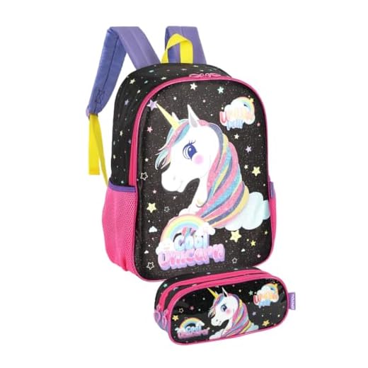 Kit Mochila Escolar Infantil Menina de Costas e Estojo Unicórnio Passeio Lazer Grande 16 Litros (Lilas)