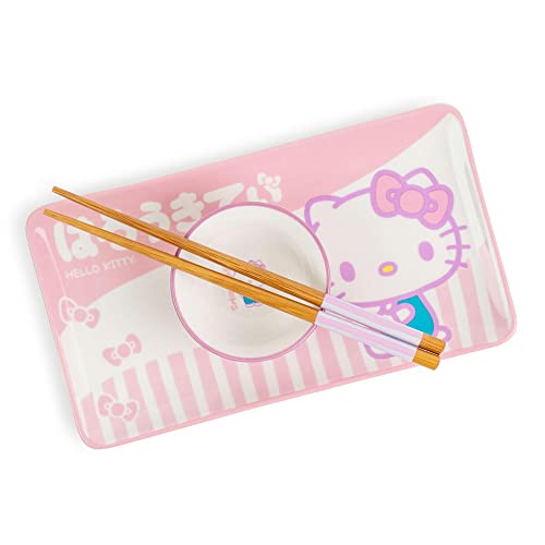 Sanrio Hello Kitty Pink 3-Piece Ceramic Sushi Plate Set With Soy Sauce Bowl and Wooden Chopsticks | Japanese Style Dinnerware by Toynk - Image 2