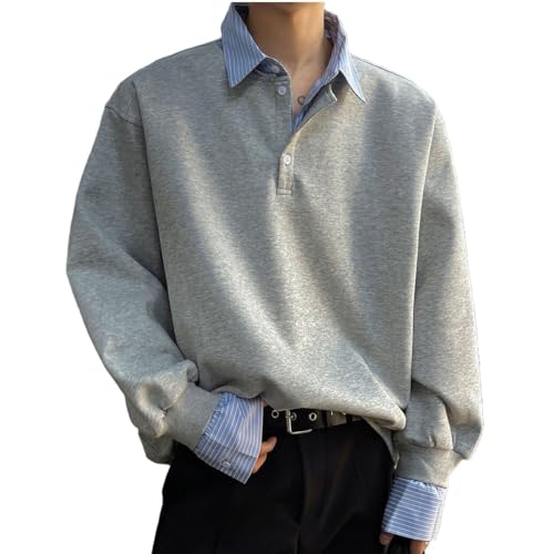 Men's Spring Fake 2 Piece Striped Henry Lapel Solid Color Casual Fashion Bottoming Top