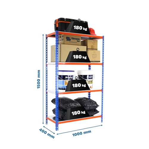 Simon Rack Schwerlastregal, 1500x1000x400 mm, Bis 180 kg Belastbar, 4 Verstellbare Ablagen, Kellerregal, Lagerregal, Blau/Orange/Verzinkt - Simonclick