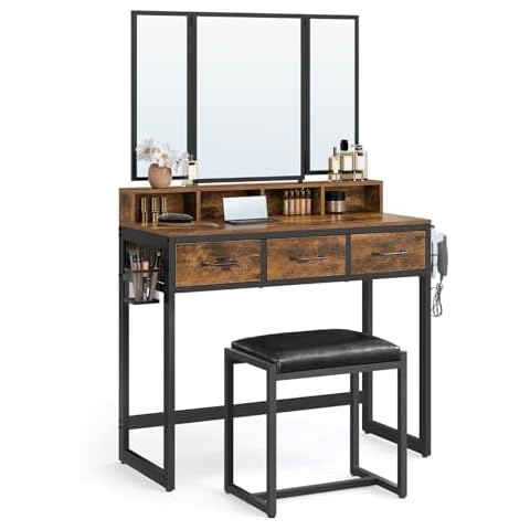 VASAGLE Rustic Brown Dressing Table with Tri-Fold Mirror Cover