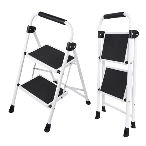 DUMOS Step Ladder, 2 Sturdy Step Stool with Anti-Slip Pedal & Comfortable Handrail, Portable Heavy Duty Step Stool for Kitchen, Garage & Outdoor Use, 330lbs, Black