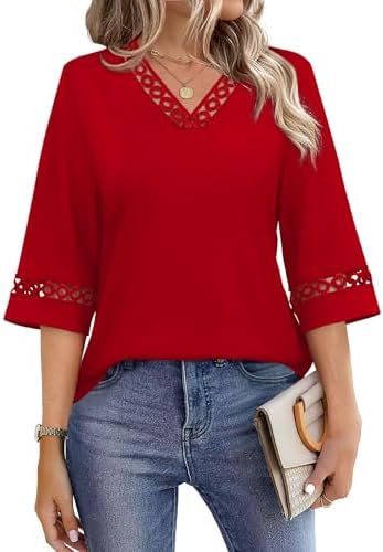 WIHOLL Womens Tops Eyelet Lace V Neck Bell Sleeve Blouses Dressy ...