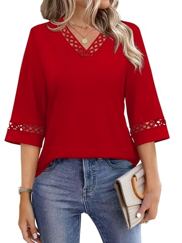 WIHOLL Red Tops for Women V Neck Plus Size Blouses 3/4 Sleeve Dressy Casual Eyelet Lace Bell Sleeve...