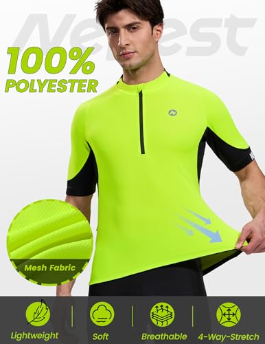 Nepest Cycling Bike Jersey for Men Short Sleeve Reflective Bicycle Shirts 4 Rear Pockets Half Zip Road Tops Neon Green/Black XL - Thumbnail 4