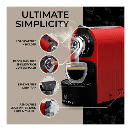 Chefwave Mini Espresso Machine Compatible With Nespresso Pods (Red) Bundle With Programmable, One-Touch, Water Tank With Pod Holder, 2 Double-Wall Glass Cups And 20 Bestpresso Intenso Coffee Capsules #TOP7