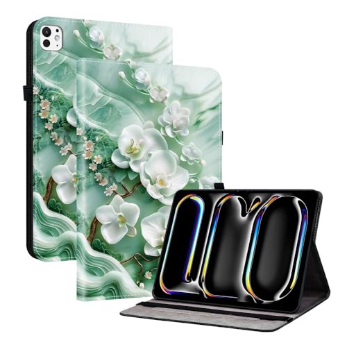 Étui iPad Pro 11 M5 2025 cuir motif fleur verte avec support de protection
