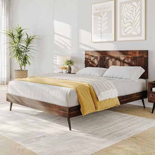 Image of Bme Georgina Queen Bed Frame and Headboard, Signature Handcrafted Geometric Design, US Patent Pending Design, Solid Wood, No Box Spring Needed, 12 Strong Wood Slats Support, Easy Assembly, Dark Choco