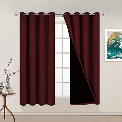 Image of Yakamok Burgundy Red Blackout Curtains 54 Inches Long for Bedroom 52 inch Wide | Blackout Curtain Panels for Bedroom, 2 Thick Layers Grommet Top Thermal Insulated Drapes with Black Liner for Living Room