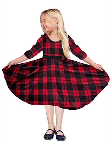 Girls Christmas Dress 3/4 Sleeve Buffalo Plaid Casual Holiday Party Twirl Dresses with Pockets,6-12 Years3