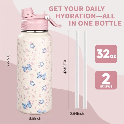 Image of 32 oz Insulated Water Bottle with Leak-proof 2-in-1 Straw and Spout Lid,Stainless Steel Sports Water Bottle with Handle,Double Wall Vacuum Metal Water Flask for Travel Camping School(Bow,1)