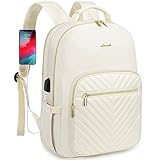 LOVEVOOK Laptop Backpack Purse for Women, Work Travel Computer Bags, College School Backpack for Student Girl, Quilted Casual Daypack with USB Port, Fit 15.6 Inch Laptop, Beige White