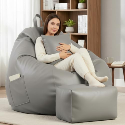 Image of KAM'S LIEU 5XL Luxury Faux Leather Bean Bag with Footrest & Cushion | Pre-Filled High-Density Polystyrene Beans | Premium Leatherette | 6 Months Warranty Color- (Grey, with Footrest)
