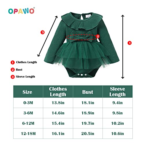OPAWO Newborn Baby Girl Bodysuits Long Sleeve Ribbed Romper Onsies with Tulle Skirt Infant Baby Girl Dresses 0-18 Months(Green, 3-6 Months)