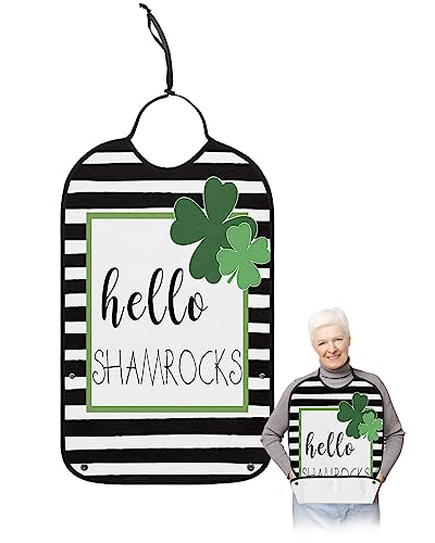 St. Patrick's Day Adult Bibs for Eating, Waterproof Bibs with Food Catcher & Adjustable Snap Closure, Black and White Stripes Hello Lucky Clover Clothing Protectors Adult Bibs for Elderly Women/Men