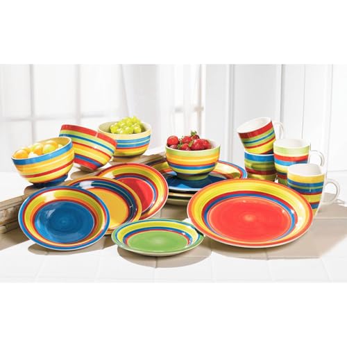BrylaneHome 16 Piece Santa Fe Dinnerware Set (Service for 4), Includes Dinner & Salad or Dessert Plates, Bowls, Mugs, Colorful Stripe Southwestern Fiesta Pattern - Multi Stripe