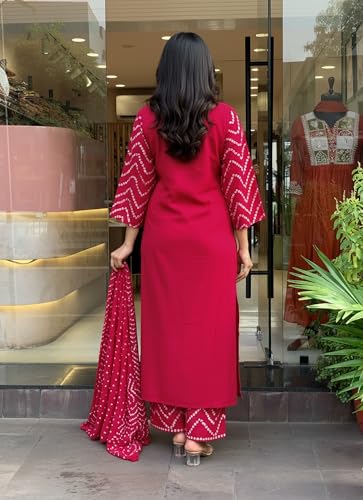 Image of GoSriKi Kurta Sets for Women Rayon Viscose Bandhani Printed | Kurti Set for Woman | Kurta Pant Dupatta Set | Straight Kurti | Round Neck 3 /4 Sleeve Suit Set for Women Stylish Ethnic Outfit