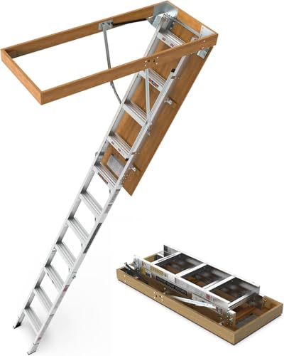 10FT Aluminum Attic Ladder Pull Down System for 54 W x 22.5 H Opening Attic Access Ladder Drop Down Hidden Stairs 375-Pound Load Steps for 78-103 Ceiling Heights (22.5x54)