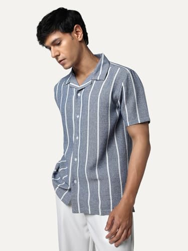 Image of Urbano Fashion Men's Cotton Half Sleeve Relaxed Fit Linen Striped Shirt with Cuban Collar