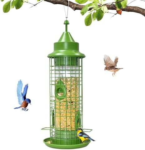 Squirrel Proof Bird Feeders for Outdoors, Hanging Metal Bird Feeders for Outside with 4.8 Lb Large Capacity, 4 Ports Tube Wild Birdfeeders for Garden Yard Decoration Viewing Cardinal Finch (Green)