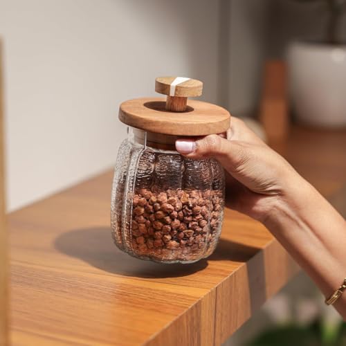 Image of Ireka Home Ripple Glass Jar with Wooden Lid | Multipurpose Stackable Glass Jar with Lid | Storage Container for Dry Fruits Grains Pulses Cereals Cookies
