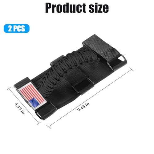 ANFTDCO 2PCS Car Roll Bar Grab Handles, Oxford Cloth & Metal Buckle American Flag Vehicle Paracord Handles Grab, Automotive Interior Grip Accessories, Compatible with JL JLU JKU (Black)