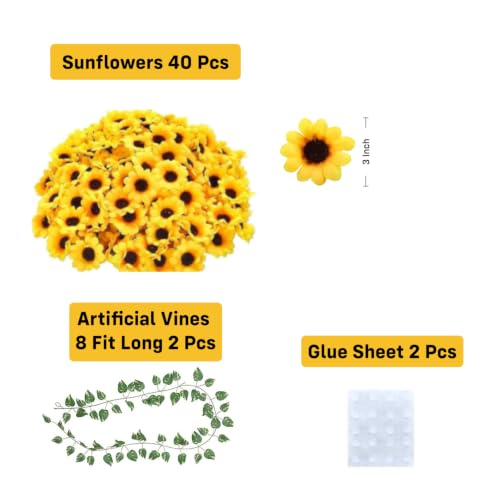 Image of Party Propz Sunflower Decoration Items - 44 Pcs Artificial Flowers for Decoration Hanging Vines, Sunflower Garland, Ganpati Decoration Setup for Home, Door Hanging Decorative Items, Wall Latkan
