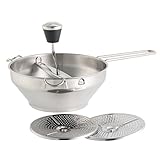 Einfache Anwendung: Entfernen der Sicherheitsklammer am Einsatz, Einlegen der gewünschten Scheibe (Wölbung nach oben), Einfügen der Kurbel, Einfüllen von Gemüse oder Obst, Drehen der Kurbel