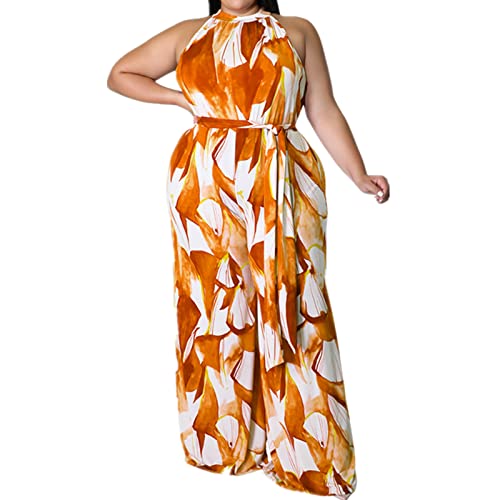 Lisa Colly Women's Plus Size Summer Halter Neck Floral Print Sleeveless Wide Leg Jumpsuits Cocktail Rompers with Belt (Orange,5X-Large)
