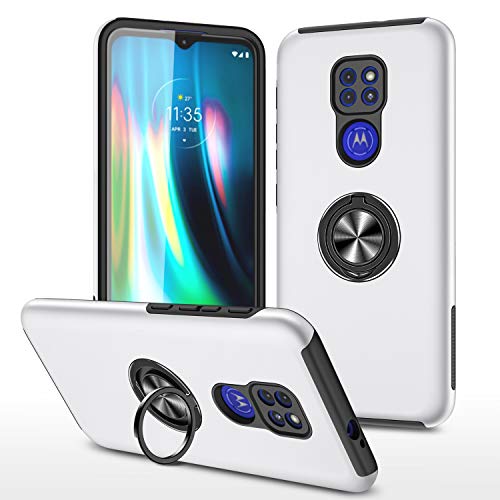 LUSHENG Coque Compatible avec Motorola Moto G9/G9 Play, Etui avec Béquille【360°Ring Stand pour Support Voiture Magnetique】 Hybrid Protection Cover pour Motorola Moto G9/G9 Play 6.5" - Argent Cover