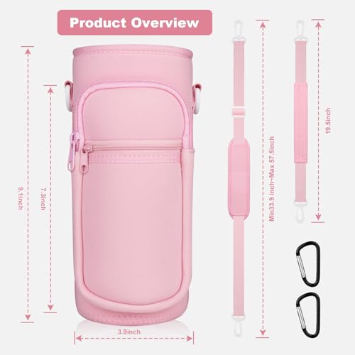 Image of Water Bottle Holder with Strap, Water Bottle Carrier Bag with Phone Pocket, Shoulder Hand Strap Insulated Neoprene 32 oz Water Bottle Sleeve for Walking Hiking Camping Gym(Pink)