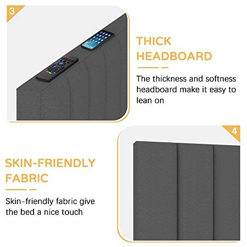 Osfvolr Queen Bed Frame, Modern Upholstered Platform Bed With Adjustable Height Headboard, Vertical Channel Tufted Linen Fabric Bedframe For Bedroom Furniture, No Box Spring Needed, Light Grey #TOP5