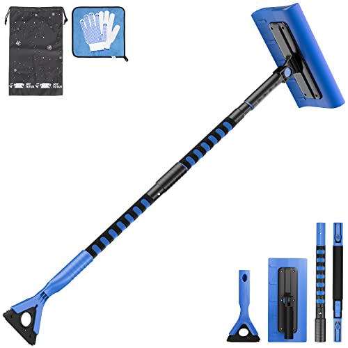 JOYTUTUS 47   S-Type Snow Broom, Extendable Snow Brush with Foam Handle, 270° Rotatable Snow Cleaner for Car with Ice Scraper and Wiper Cleaner (Blue)