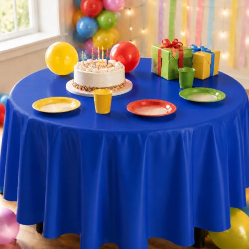 Image of Party Dimensions Blue Disposable Plastic Tablecloth for Round Tables (12 Pack) 84 inches Table Cloths for Parties, Events & Weddings, Indoors & Outdoors, Plastic Table Cover