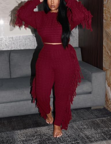 Image of KANSOON 2 Piece Sweater Set for Women Cable Knit Fringe Crop Top and Pants | Cozy feel, ribbed high waist, comfortable stretch fit for birthday and chilly going-out outfits