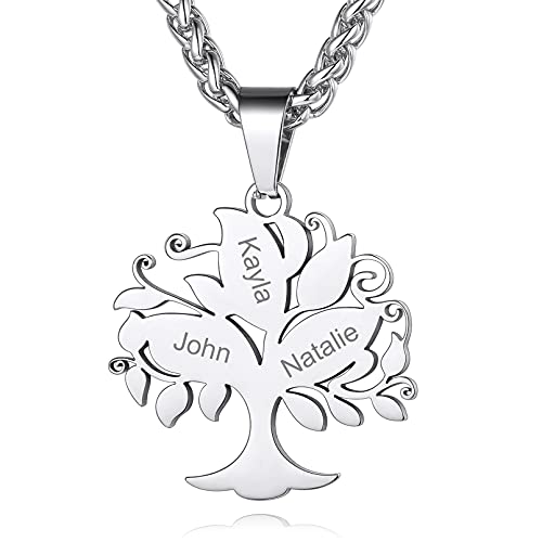 Custom4U Personalized Birthstone Name Necklace - Heart & Round Pendants Sterling Silver & Stainless Steel Family Tree of Life Charm Mother's Day Jewelry Gift for Women Mom Grandma 5-Silver-3
