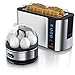 Produktbild Arendo - SET Toaster FRUKOST mit Eierkocher SEVENCOOK Edelstahl Silver, Toaster 4 Scheiben LED-Display 6 Bräunungsgrade Brötchenhalter Eierkocher 1-7 Eier, Messbecher