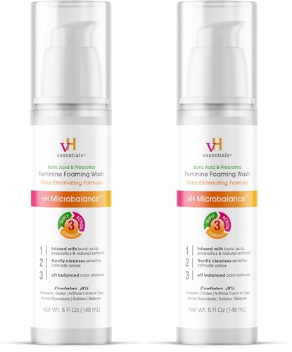 Image of vH essentials Feminine Foaming Wash with Boric Acid and Prebiotics, Odor Eliminating pH-Balanced Daily Cleanser with Lavender and Chamomile, 5 fl oz (Pack of 2)