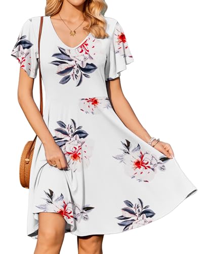 Zeagoo Sommerkleider Damen Knielang Rüschen Kleid V-Ausschnitt Strandkleid Casual A-Linie Blumendruck Kleider Sommer Blu...