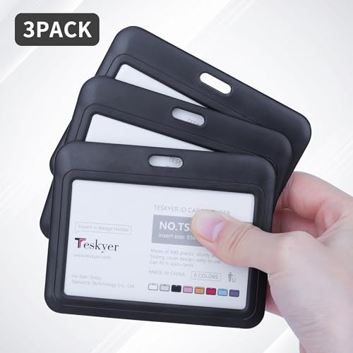 Teskyer 3 Pack Sliding ID Badge Holder, Heavy Duty Plastic ID Card Protector Case for Office School Badge Credit Cards Proximity Cards Driver’s Licenses and Passes, Horizontal Black