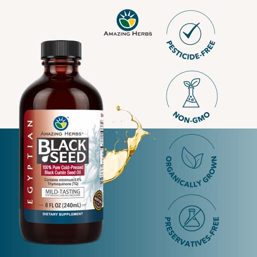 Amazing Herbs Egyptian Black Seed Oil - Gluten Free, Non Gmo, Cold Pressed Nigella Sativa Aids In Digestive Health, Immune Support, Brain Function, Mild Flavor - 8 Fl Oz #TOP1
