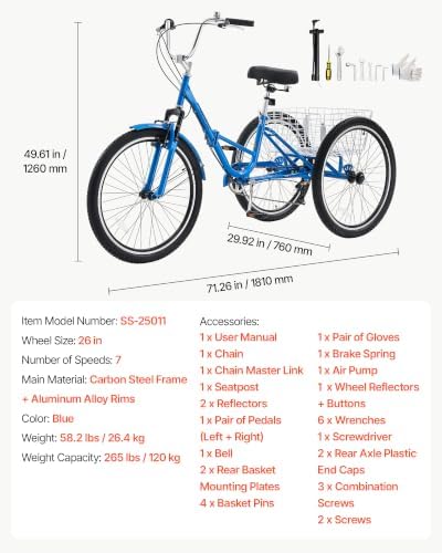 VEVOR Folding Adult Tricycle 26 inch 7 Speed Foldable Trikes for Adult, 3 Wheel Cruiser Bike w/Cargo Basket, Adjustable Seat, Double-Wall Wheel Rims, Shopping Picnic Tricycles for Women, Men, Senior — view 6