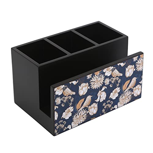 Image of Reinvention Factory Wooden Cutlery Holder I Countertop Organizer - Spoon Fork Knife Napkin Tissue Paper Desk Supplies Pencil Pen Stationery Stand, Size 7 X 5 4 Tutsi Bird, Black