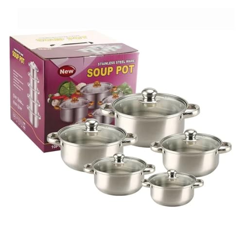 Juego de 5 utensilios de cocina de inducción con tapa de cristal para todo tipo de cocinas, sin recubrimiento, apto para lavavajillas, juego de ollas de inducción, acero inoxidable, sin latón
