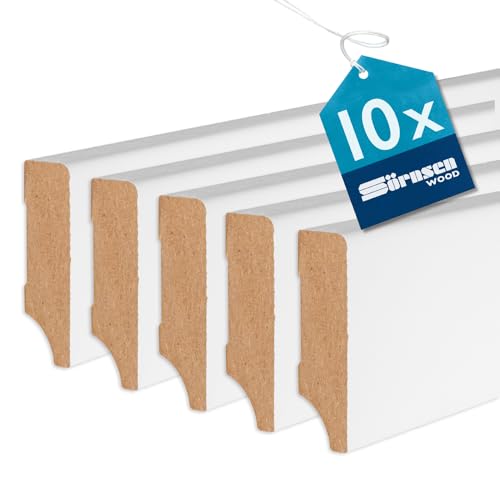 Sörnsen Wood Sockelleiste MDF – 16x58x2440 mm, 10 Stück hochwertige wasserbeständige Fußleisten mit eckigem Weimarer Profil – weiß RAL 9016 lackiert und damit extra langlebig