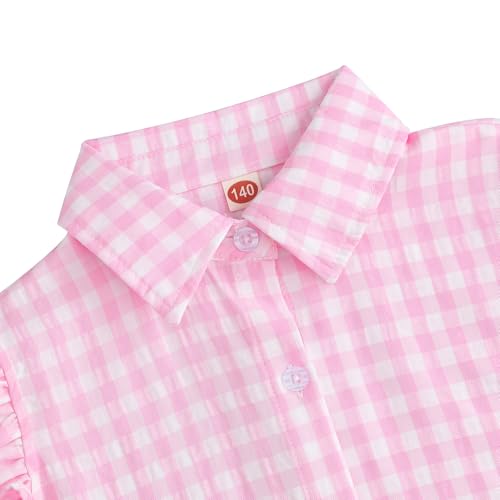 Image of Girls Sleeveless Plaid Button Down Shirt Summer Crop Tops Tie Knot Ruffle Sleeve Shirt Blouse 3-12Y